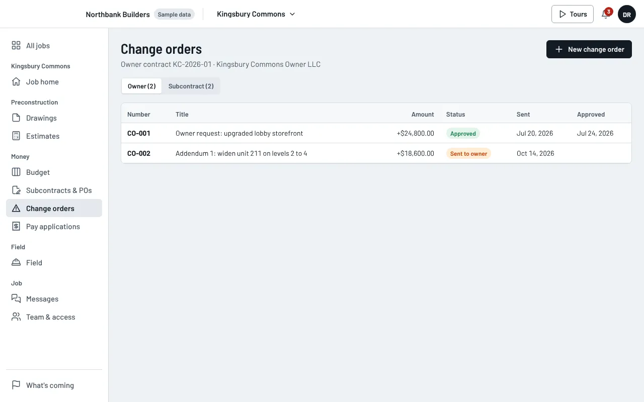 The change orders page with an approved owner change order and one sent to the owner, each with its amount and approval date.