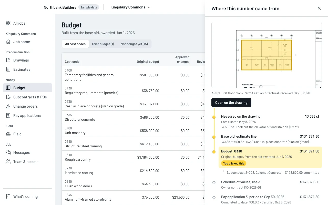 The budget with the trace panel open: the slab on grade budget line traced back to the area measured on sheet A-101, with the earlier quantity crossed out.